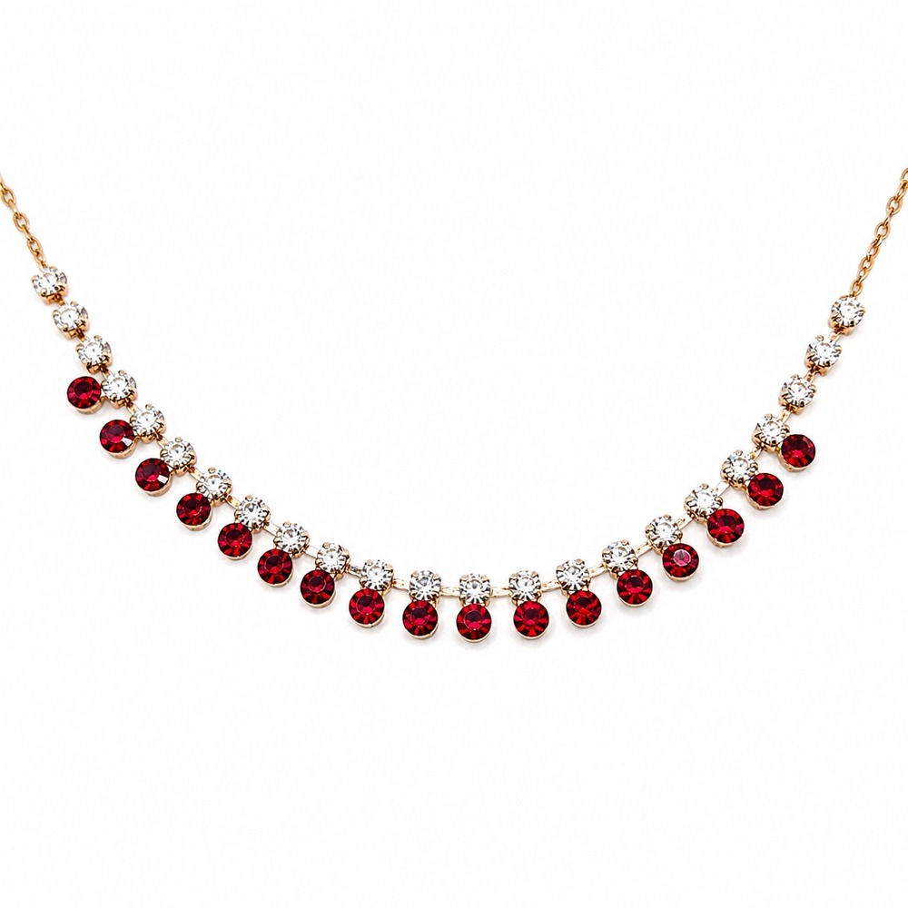 Vibrant Red Rhinestone Clear Tennis Choker Necklace Silver Tone 19-21 In